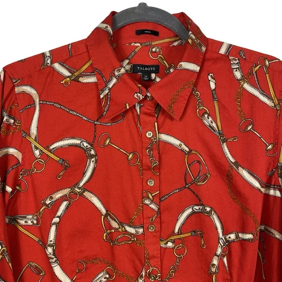 Talbots Equestrian Shirt Women's 14 Red Button Up Horse Bridle Classic Old Money - Picture 4 of 10
